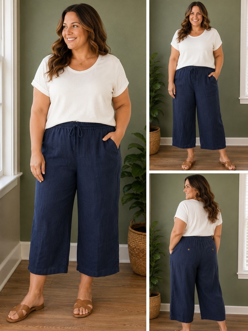 Talbots Navy Wide-Leg Crop Linen-Blend Pants